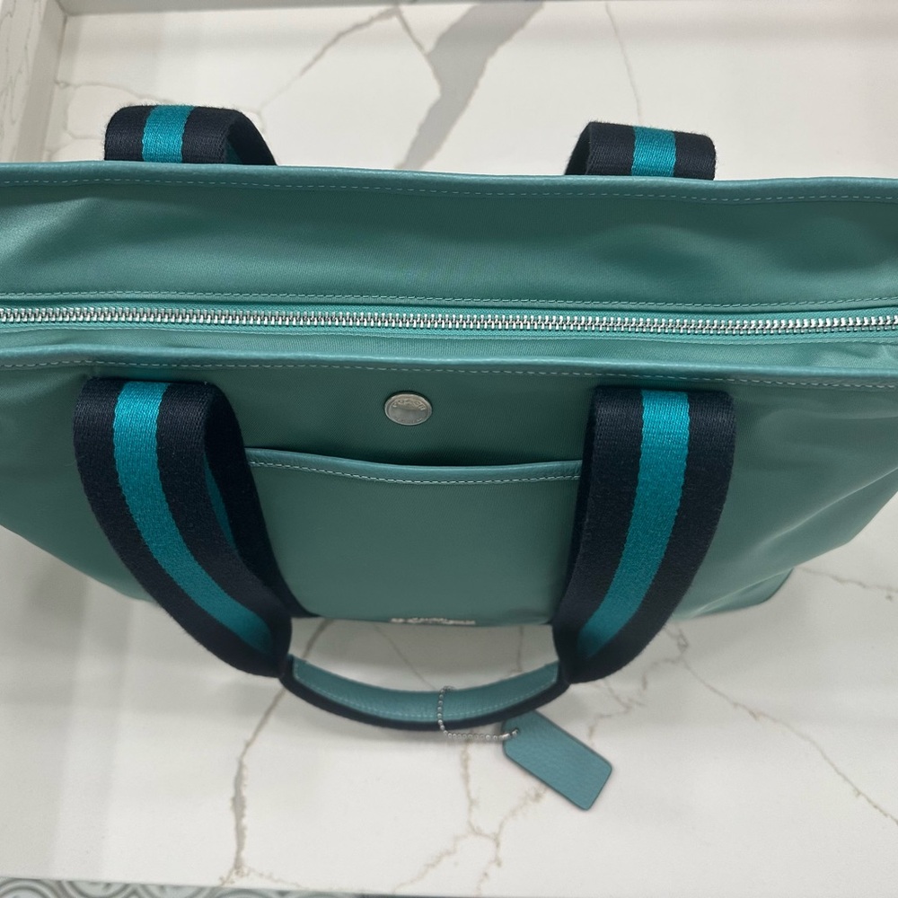 Coach Teal Tote with Navy Stripe Webbing - Picture 6 of 8